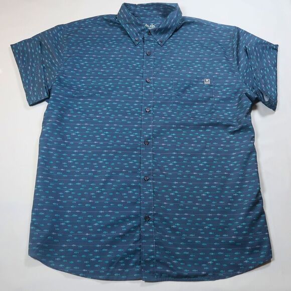 Huk Fishing Shirt Mens 2xl Short Sleeve Button Down Blue Fish Pattern Outdoor - Picture 1 of 5